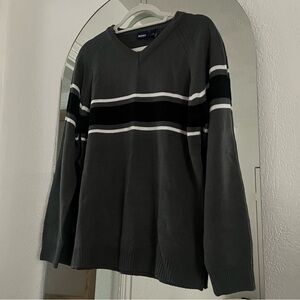 90s Grey Stripe Blocked Grunge V-Neck Sweater